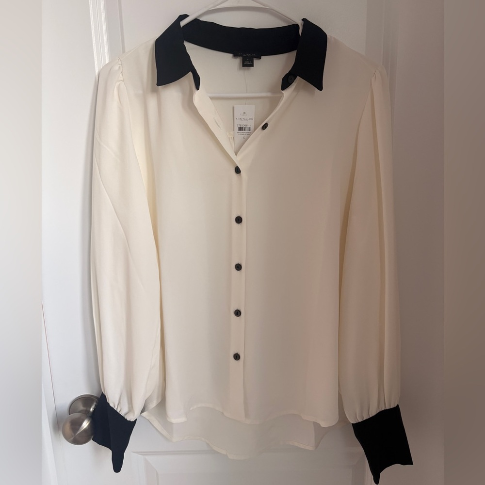 Ann Taylor Factory Cream Blouse with Black Accents